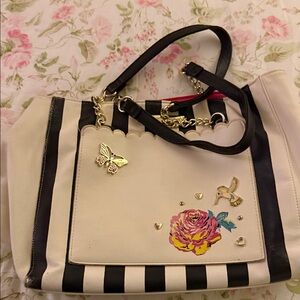 Betsey Johnson Black and Cream Tote with Floral Accents